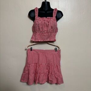 NWT Japna Women Skirt Crop Top Two 2 Piece Set Red White Gingham Checkered Large